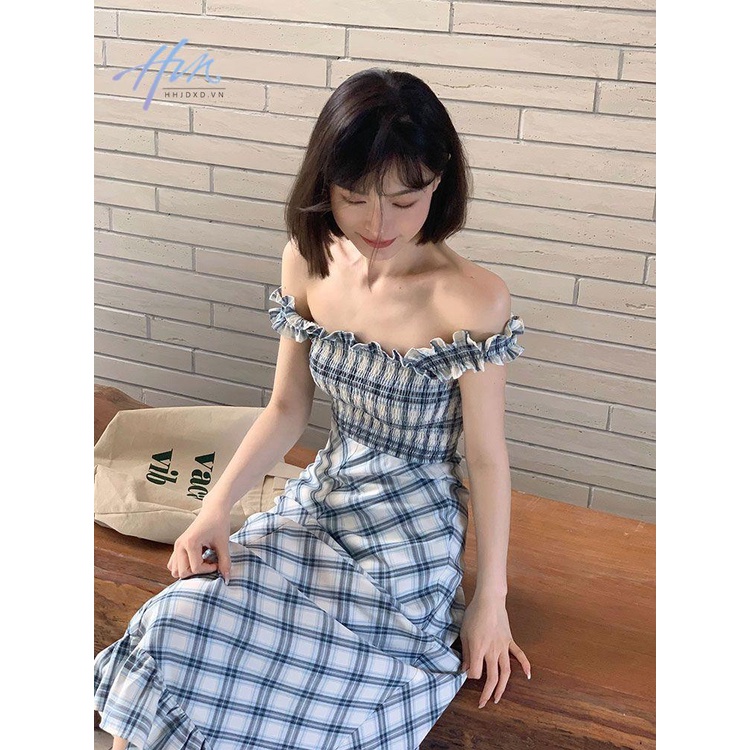 Đầm Hai Dây Cổ Vuông Eo Cao Dáng Dài Họa Tiết Kẻ Sọc Thời Trang Mùa Xuân 2023