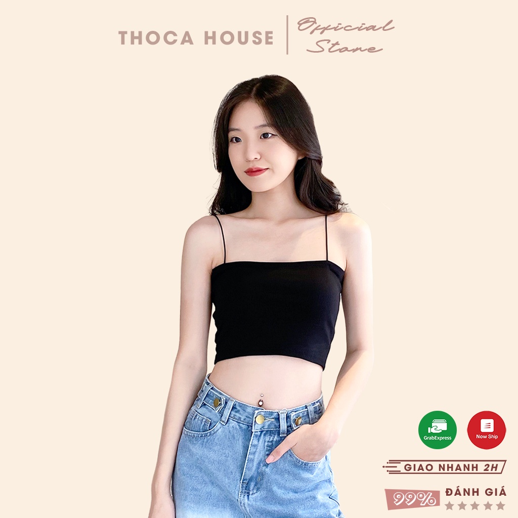 Áo hai dây croptop trơn màu trắng, đen basic THOCA HOUSE thun cotton dây bản nhỏ, phối đồ cực chất