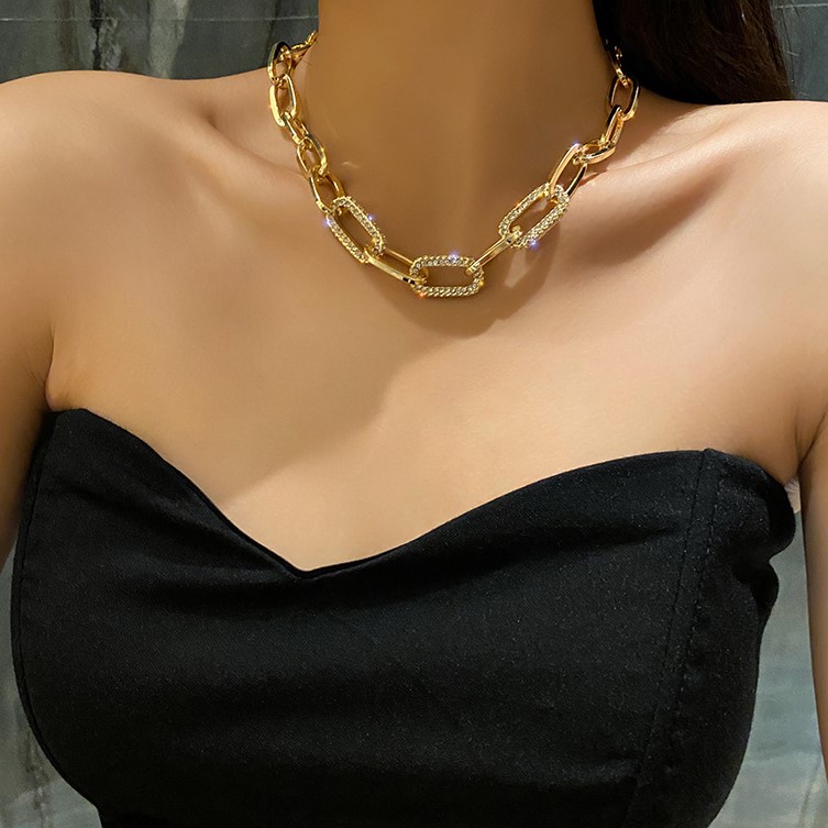 Vòng cổ Kim Loại Dày Màu Vàng / Bạc Đính Kim Cương Cao Cấp Thời Trang Cho Nữ