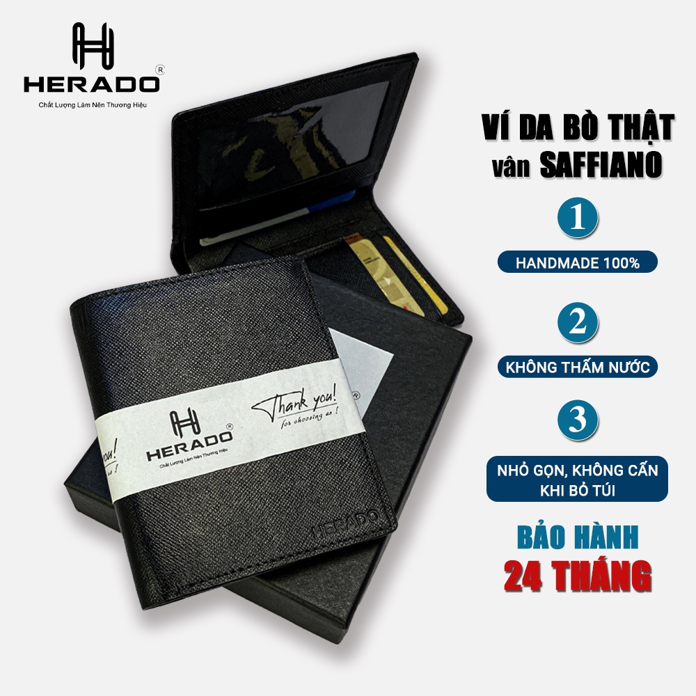 Ví Nam Da Bò Thật Dáng Đứng Vân Saffiano Cao Cấp Chống Nước, Bóp Da Nam Đựng Thẻ HERADO01