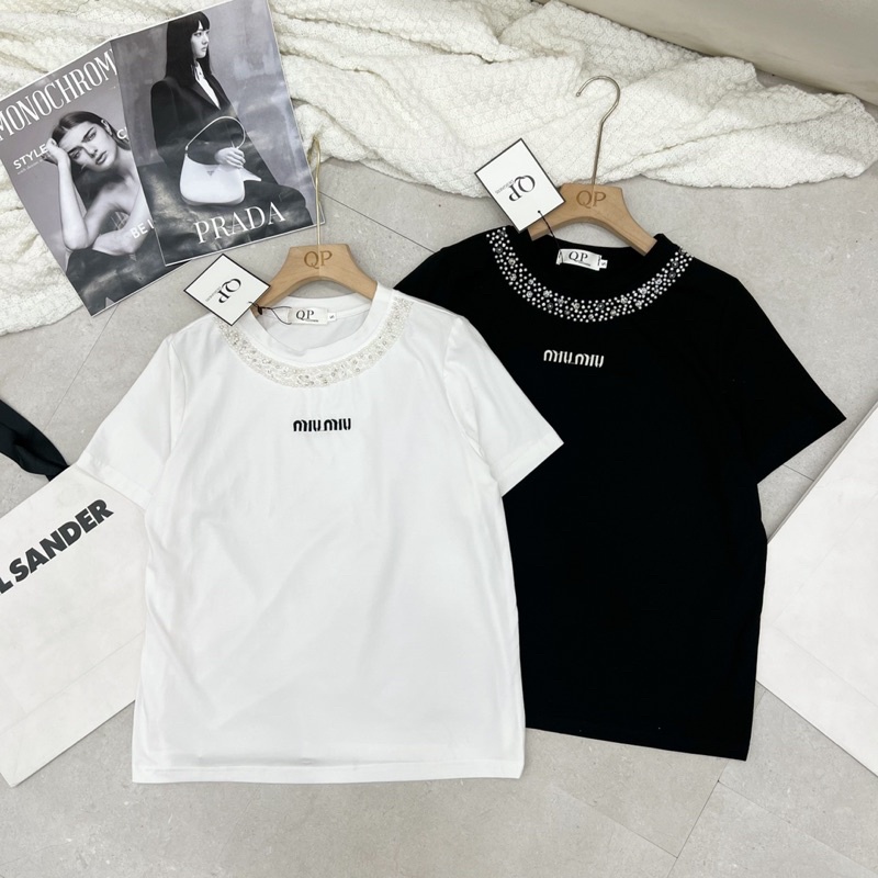 áo phông miu miu cổ viền đá chất cotton 100% hàng Qp