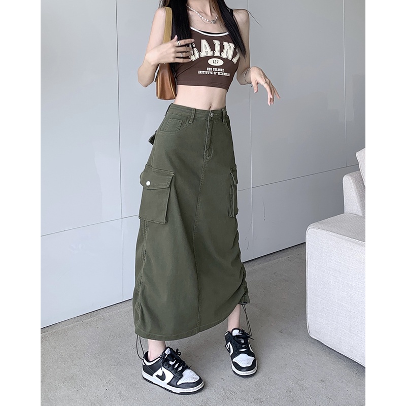 Chân Váy Dáng Dài Rút Dây Túi Hộp Vải KaKi Lên From Xinh