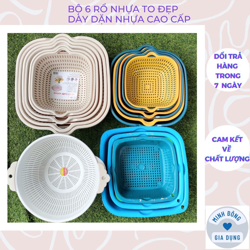 Bộ thau rổ nhựa vuông 6 món Ecoco, Bộ rổ nhựa Việt Nhật dày đẹp [Giao Màu Ngẫu Nhiên]