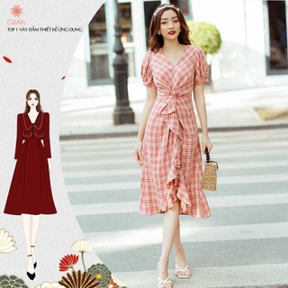 Váy kẻ caro xoắn eo cách điệu, váy xòe thiết kế ngắn tay cổ V chính hãng Giian - VA0137