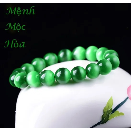 Vòng tay phong thủy đá opal mắt mèo xanh lá -Hợp mệnh Mộc, Hỏa