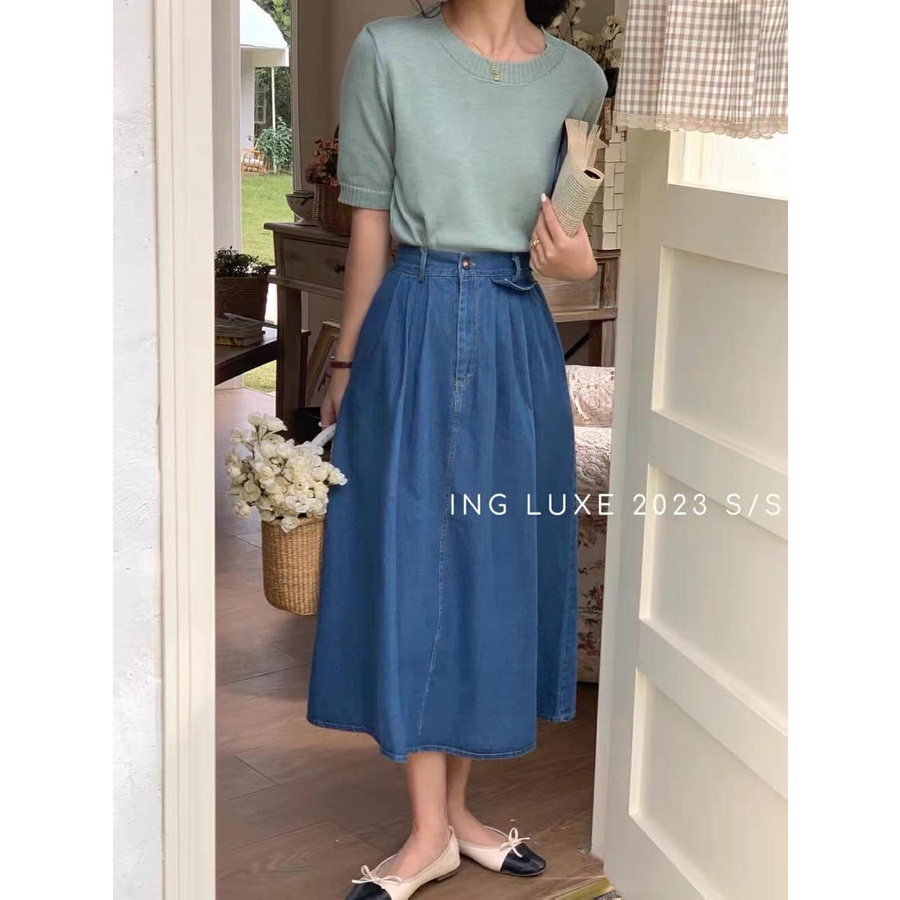 Chân váy bò denim dài xòe