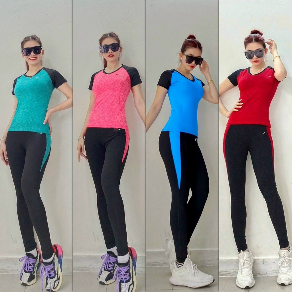 Bộ đồ tập gym yoga aerobic thể thao nữ áo thun phủ bụng và quần dài chất liệu thun poly co dãn 4 chiều BINSPORTS BD046