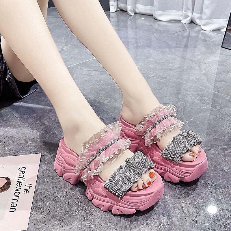 Dép đế bánh mì cao 7cm quai ren