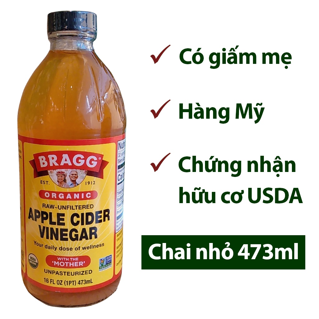 Giấm táo hữu cơ Bragg - Hàng Mỹ - Chai nhỏ 473ml