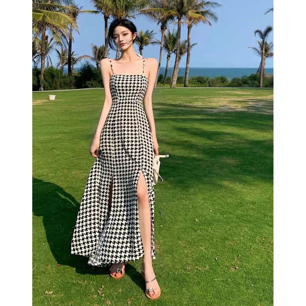 Đầm dài hai dây LIVE GREAT ôm eo họa tiết caro phong cách Pháp cổ điển thời trang dành cho nữ