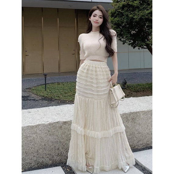 Set áo len cộc tay YIMI kèm chân váy xòe dài tua rua