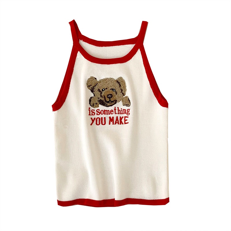 Áo Tank Top Hai Dây Dệt Kim Ôm Dáng Thêu Hình Gấu Thời Trang Hàn Quốc Cho Nữ