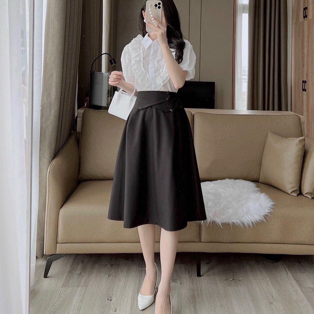 Chân váy xòe dáng dài lưng cao phối vạt bụng trẻ trung che bụng, xòe vặt bụng 2 cúc ốp d68cm
