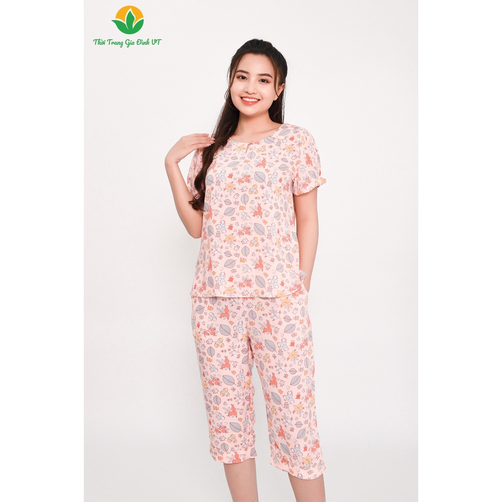 Bộ mặc nhà nữ mùa hè Việt Thắng, quần lửng, áo cộc tay, chất lanh (tole) - B06.2307