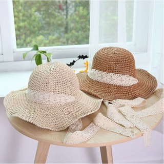 Mũ cói mềm đi biển - nón cói móc tay & thắt nơ ren vintage phong cách tiểu thư_mm03