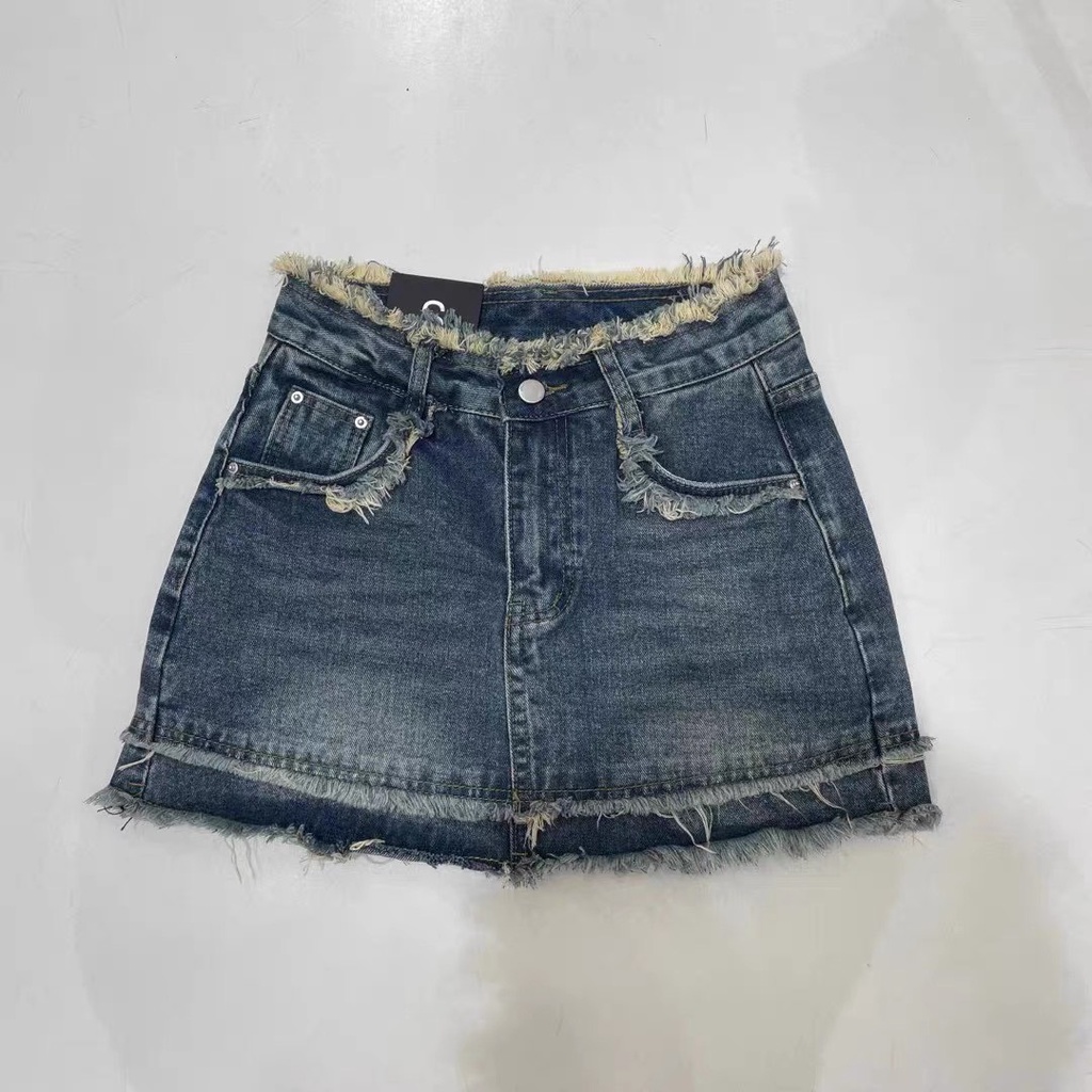 Chân váy jeans tua viền hàng quảng châu loại 1, váy bò ngắn chữ A hàng đẹp | BigBuy360 - bigbuy360.vn