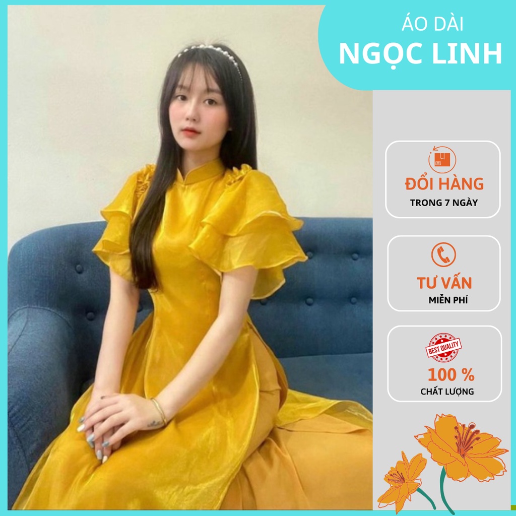 Áo Dài Truyền Thống Màu Vàng Voan Kim Tuyến Cánh Tiên 4 Tà Vải Lụa Cao Cấp-IS02