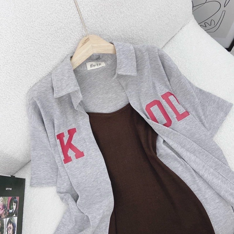 Sét đầm body + áo khoác xám thêu chữ from rỗng