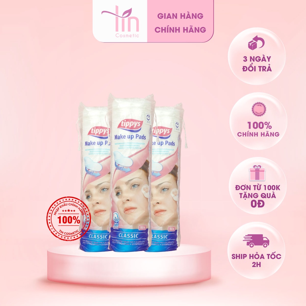 Bông tẩy trang TIPPYS chất liệu 100% cotton tự nhiên 80 miếng