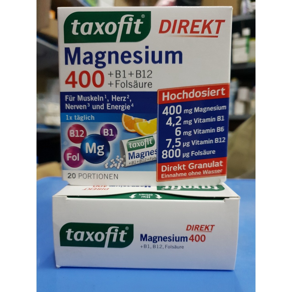 Taxofit Magnesium 400 + B1 + B6 + B12 + Folsaure 800 hộp 20 gói của Đức