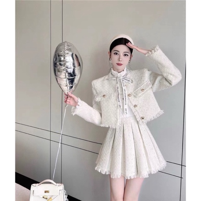 Áo dạ tweed và chân váy chữ A xoè dành cho nữ hàng quảng châu
