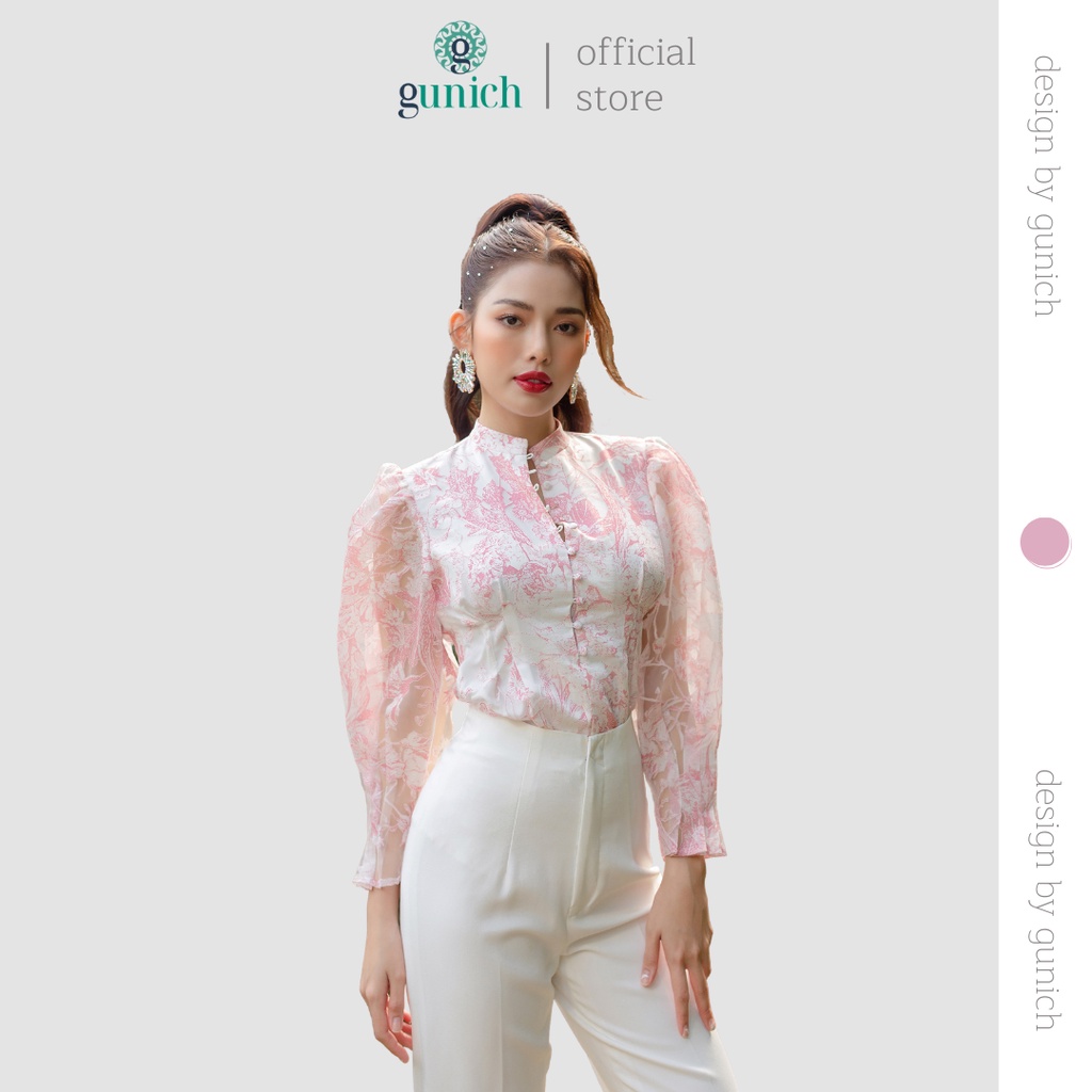 Áo blouse organza họa tiết màu hồng nhạt chất liệu Organza ép họa tiết Gunich