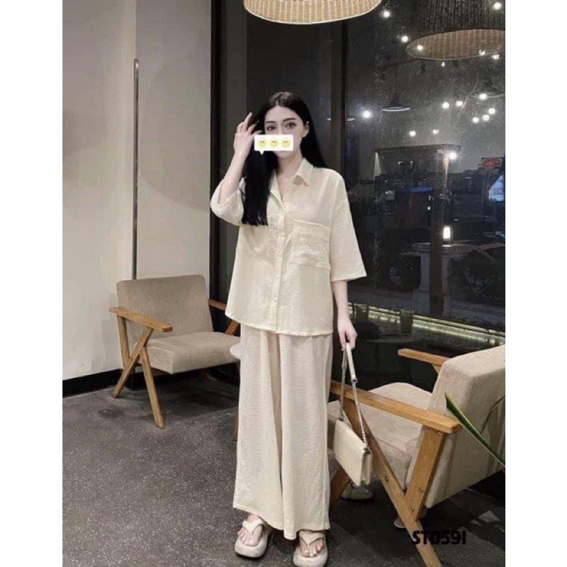 Set Bộ Xốp Nhăn Mềm Quần Ống Suông Tông Màu Tối Giản Mã CH1