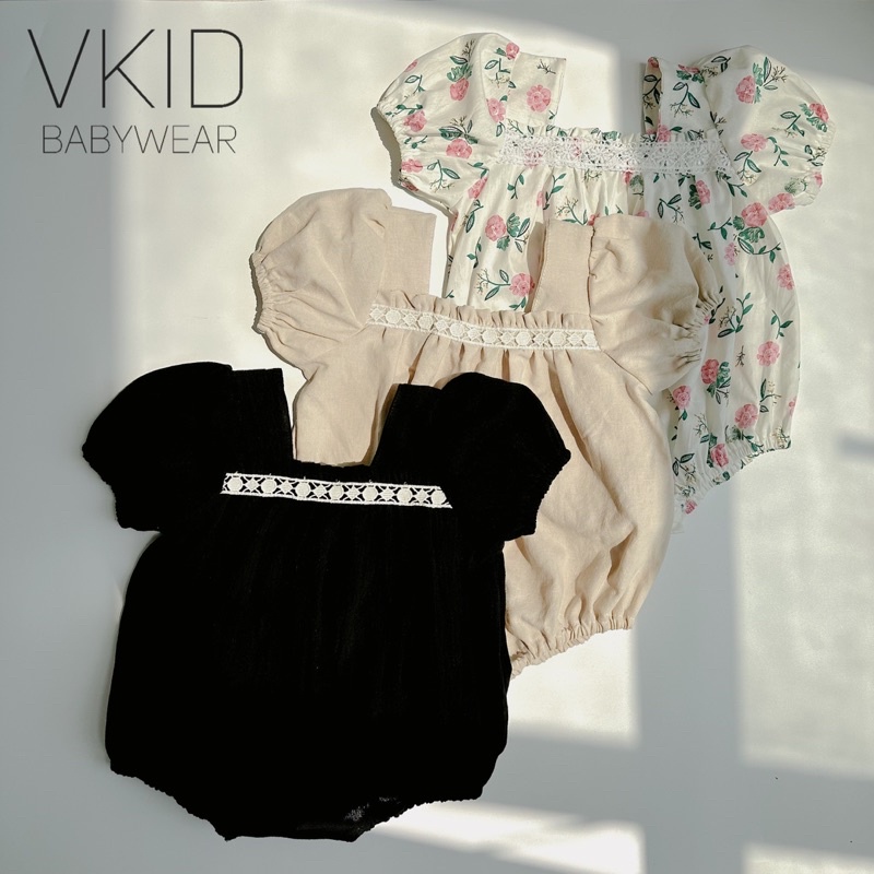 V25 Bodysuit nhún ngực pha ren tay bồng điệu đà cho bé gái size 5-13kg chất thô cara mềm mát