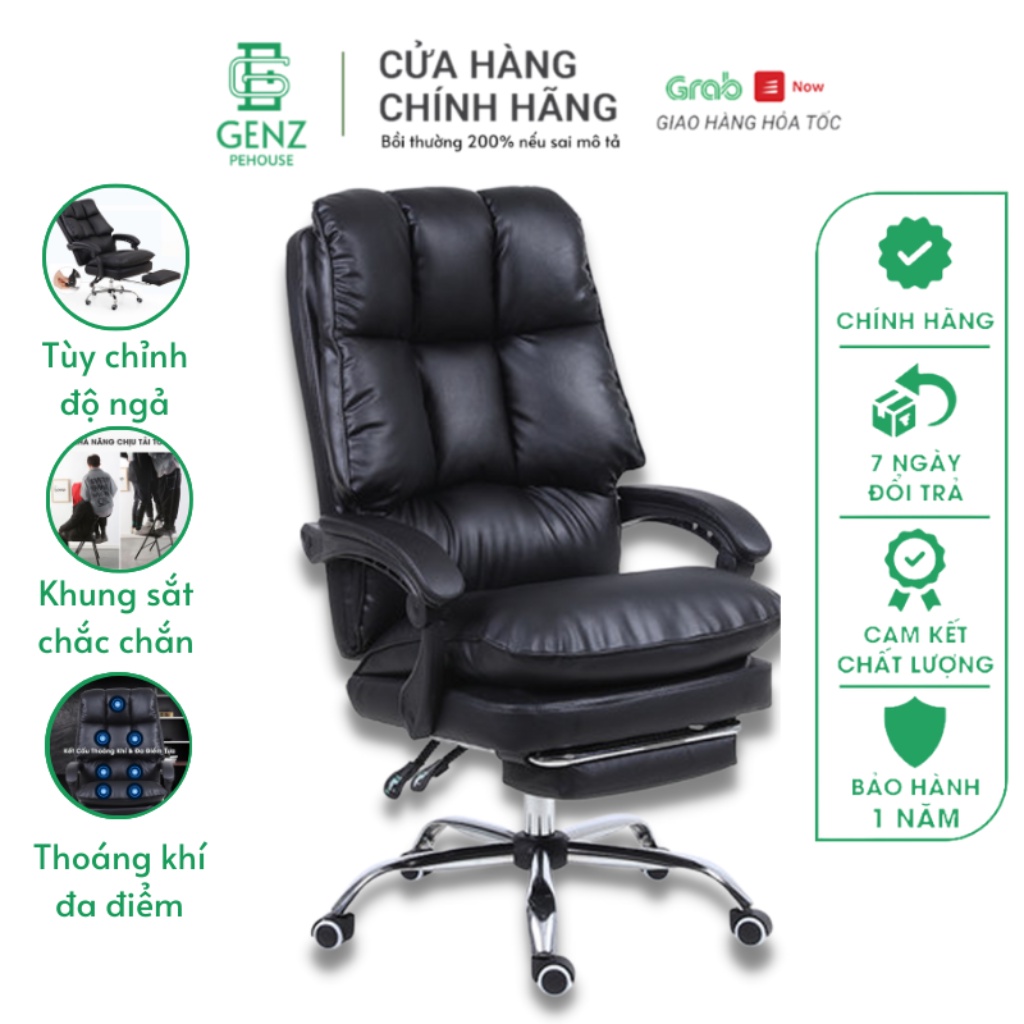 Ghế Giám Đốc Ngả Lưng Tựa Chân Bọc Da Bảo Hành 36 Tháng Ben Hơi Đệm Dày 17cm Thương Hiệu Pehouse