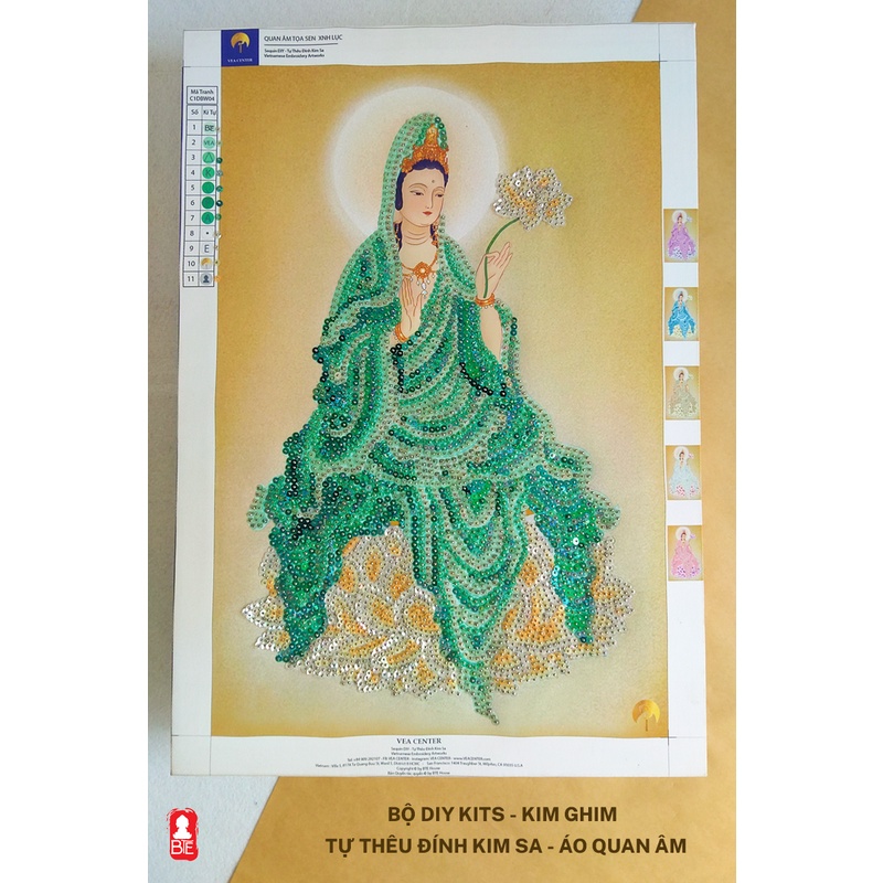DIY Bộ Tự Đính Kim Sa - Áo Xanh Lục - Quan Âm Toạ Sen- 50x30cm - QAC1GBW4