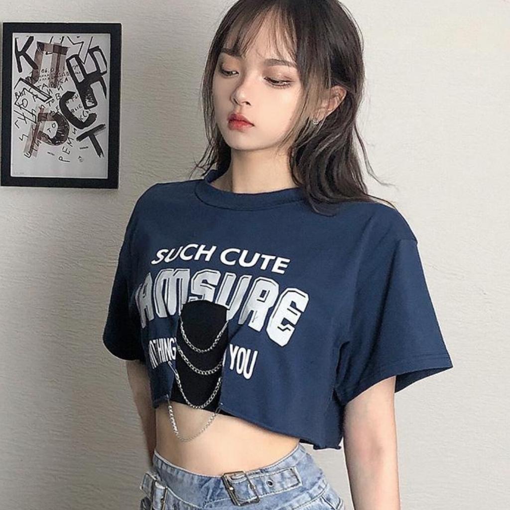 Set áo 2 món phối xích trước in chữ cực xinh Xquin, Áo kiểu nữ form rộng tay lỡ kèm bra su 2 dây có mút