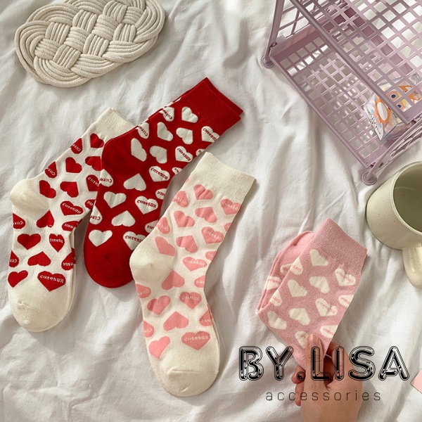 Tất vớ nữ cổ cao siêu co giãn phong cách Hàn quốc, Tất giữ ấm chân họa tiết tim màu sắc đỏ hồng dễ thương cho bạn gái