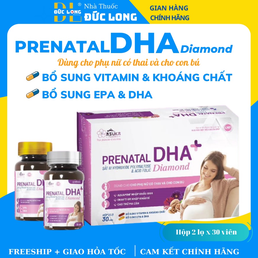 Prenatal DHA+ Dimond ASUKA bổ sung vitamin cho bà bầu và cho con bú- hộp 2 lọ x 30 viên – Đức Long