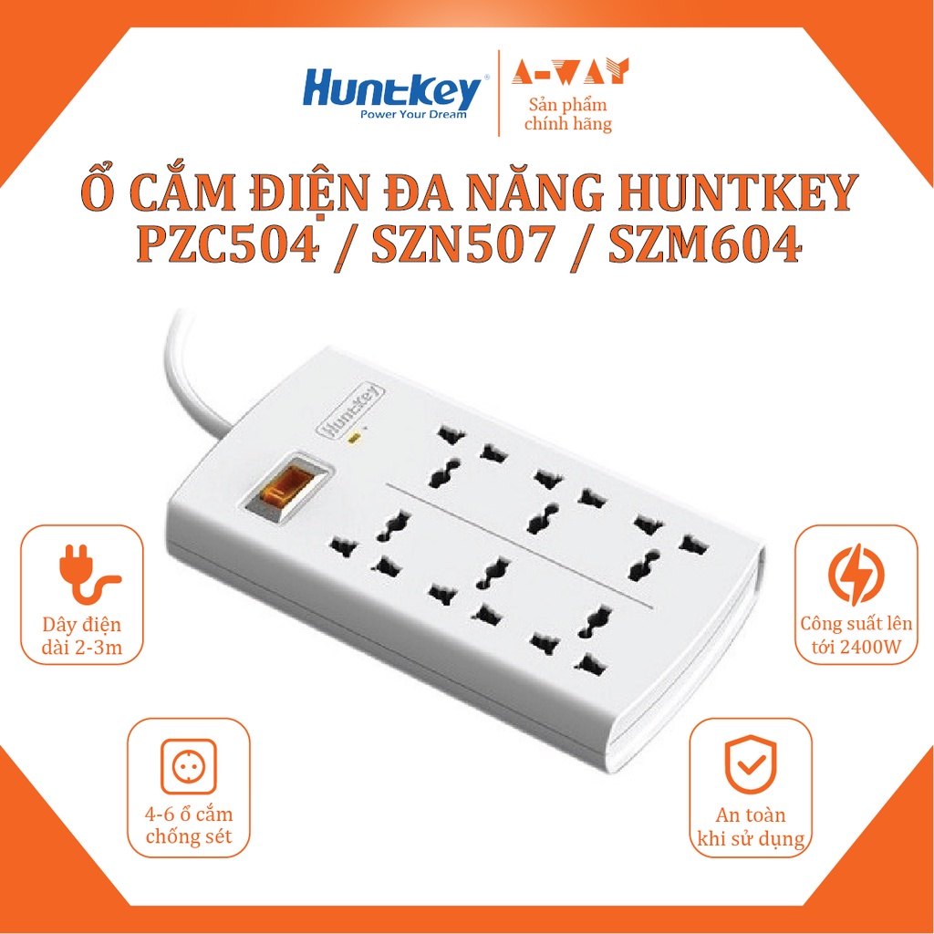 Ổ Cắm Điện Đa Năng Chống Sét Huntkey PZC504 / SZN507 / SZM604 4-6 ổ cắm / dài 2-3m / công suất 2400W