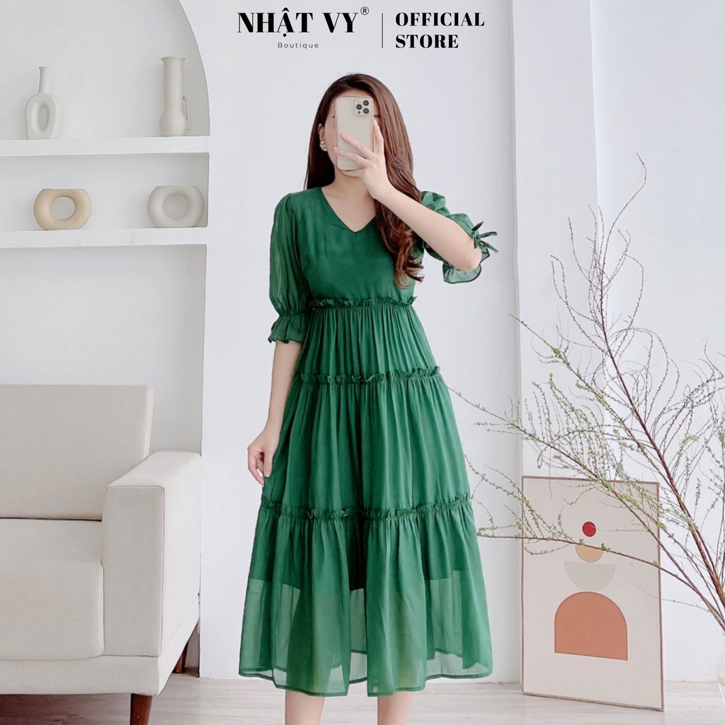Đầm maxi đi chơi Nhật Vy cổ tim tay lửng bo thun phối nơ dáng xoè có lót chất voan ánh kim phù hợp du lịch - D2630