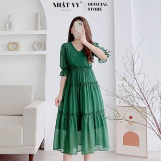 Đầm maxi đi chơi Nhật Vy cổ tim tay lửng bo thun phối nơ dáng xoè có lót chất voan ánh kim phù hợp du lịch - D2630
