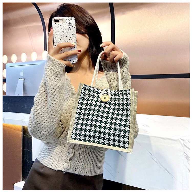 Túi vải cói,túi xách nữ,túi đựng cơm trưa văn phòng kiểu dáng Vintage-SỌC ĐEN