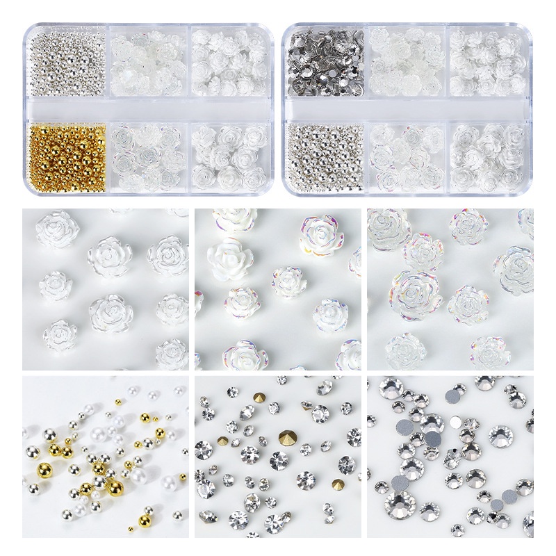 Wanghongshan Bộ Phụ Kiện Trang Trí Móng Tay Hình Hoa Hồng Trắng Ba Chiều Đính Đá Pha Lê