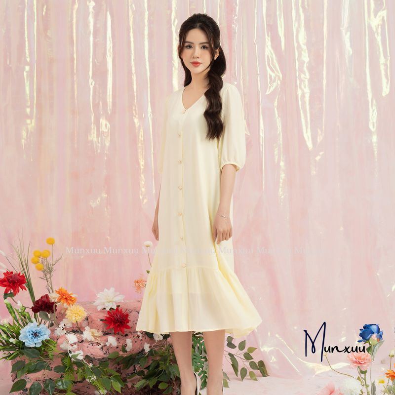 Đầm nữ dáng suông đuôi cá cổ V chất tơ mềm mại lót lụa MUNXUU thiết kế tay lỡ kiểu dáng trẻ trung thanh lịch- V20