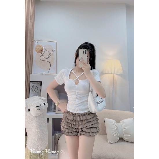 Áo thun kiểu dáng ôm rúm eo cổ vuông, Áo kiểu rúm thân cổ dây chéo CS6066 - NhiNhi Shop