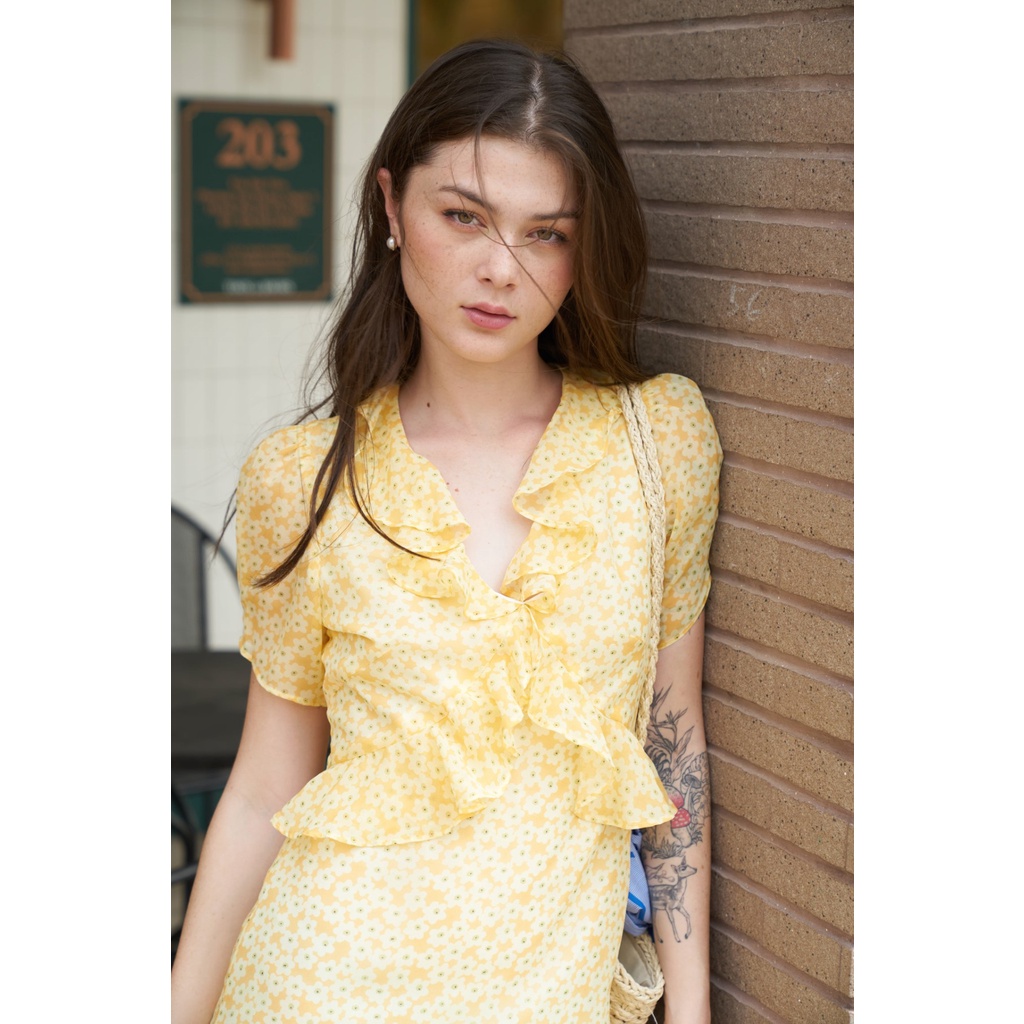 TheBlueTshirt - Đầm Xòe Ngắn Hoa Nhí Vàng - Short Ruffled Dress - Yellow Daisy