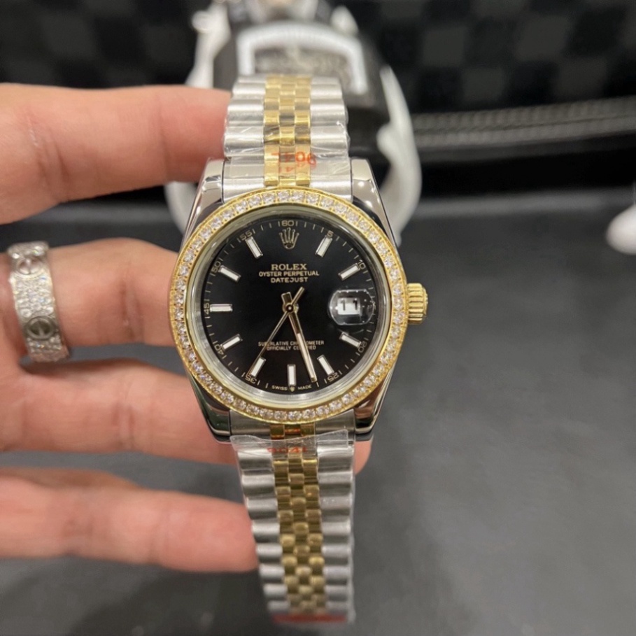 Đồng Hồ Rolex Cơ Mặt Viền ĐÍnh Đá Sang Trọng, Đòng Hồ Đeo Tay Dây Thép Chống Gỉ Chống Xước Kháng Nước 5ATM Bảo Hành Tốt