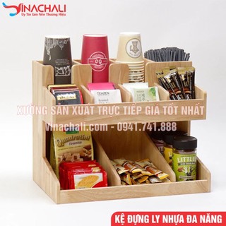 Khay đựng ly, giá đỡ cốc, kệ đựng ly cốc giấy - cốc nhựa - ống hút - túi trà - túi cafe 11 ngăn 2 tầng - gỗ tự nhiên