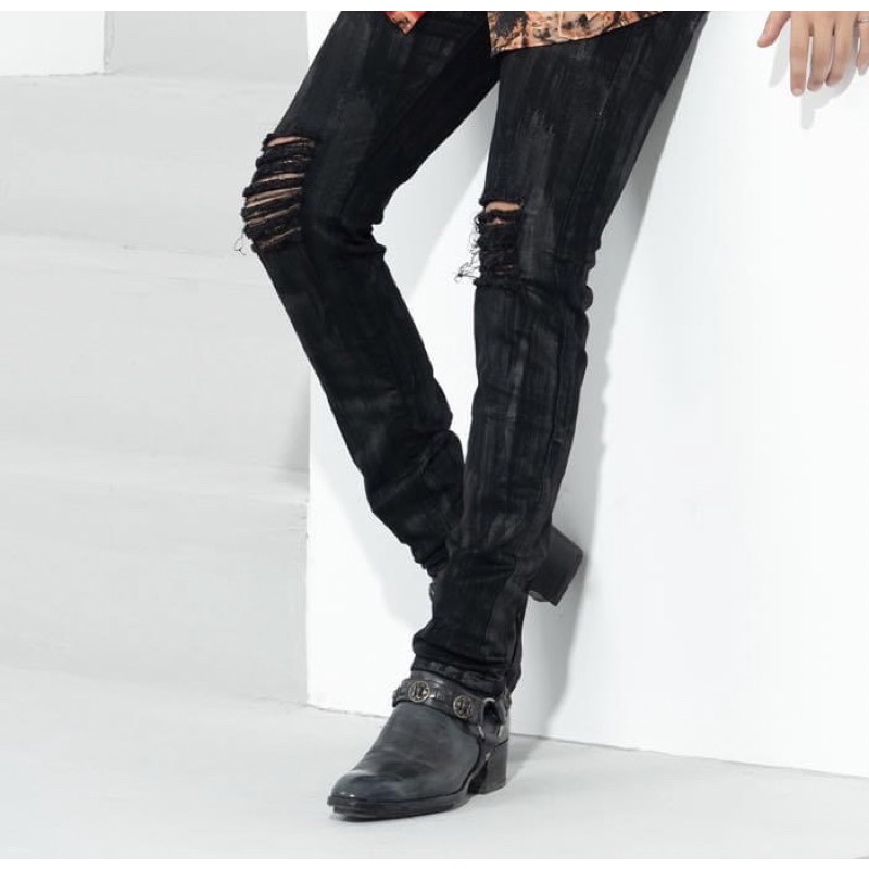 Quần Denim Jean Đen/Black rách gối D1 Wax - Waxed fom skinny - Roy Design
