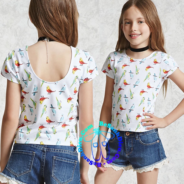 Áo croptop cho bé gái hiệu Forever 21 hàng xuất xịn màu trắng in chim