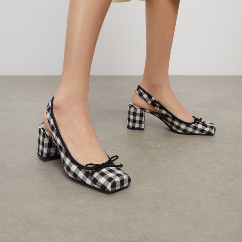 Giày Sandal Gót Dày Mũi Vuông Đính Nơ Sọc Ca Rô Thời Trang Xuân Hè 2023 Cho Nữ