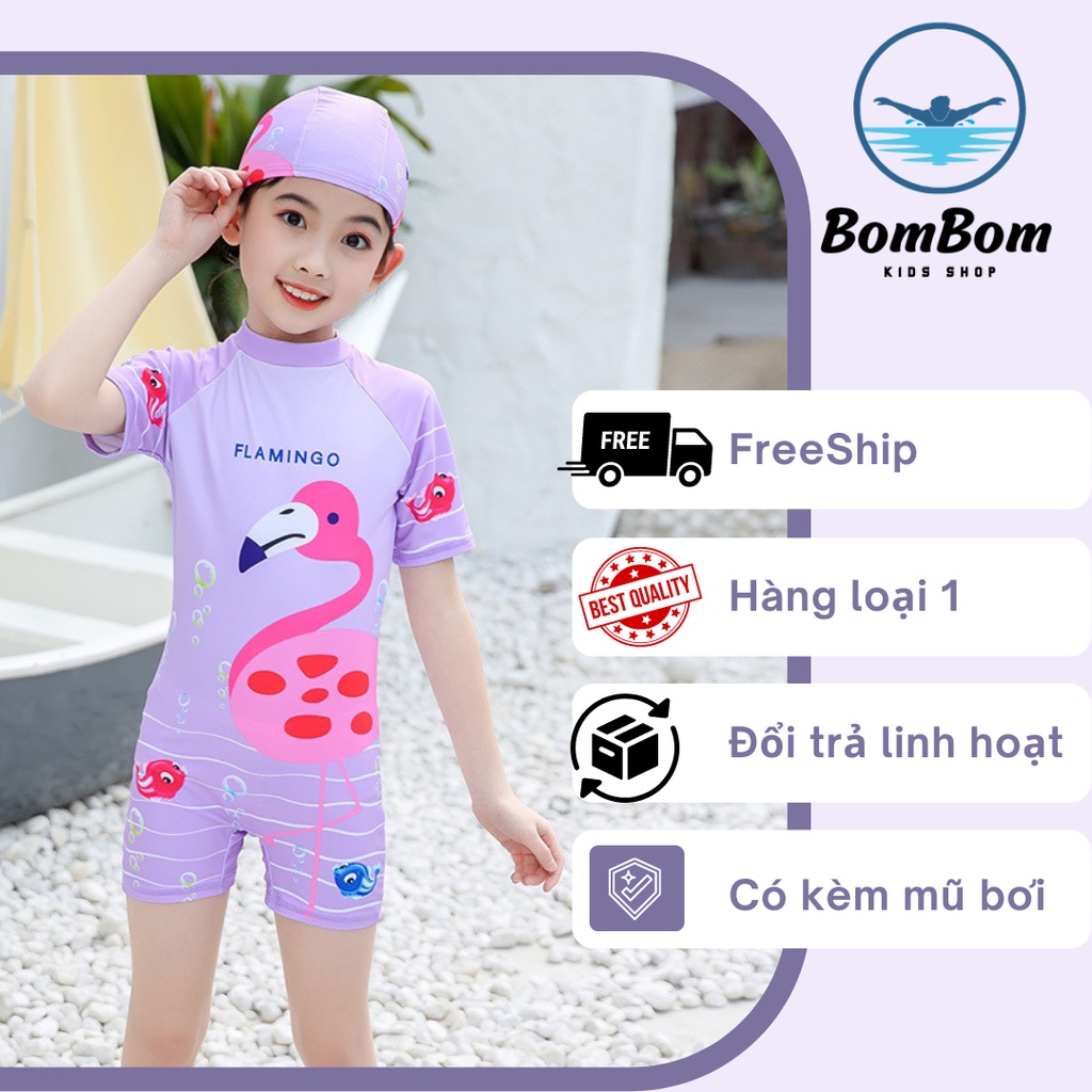 Đồ bơi liền thân bé gái 13 - 45kg, hàng loại 1, co giãn tốt kèm mũ bơi