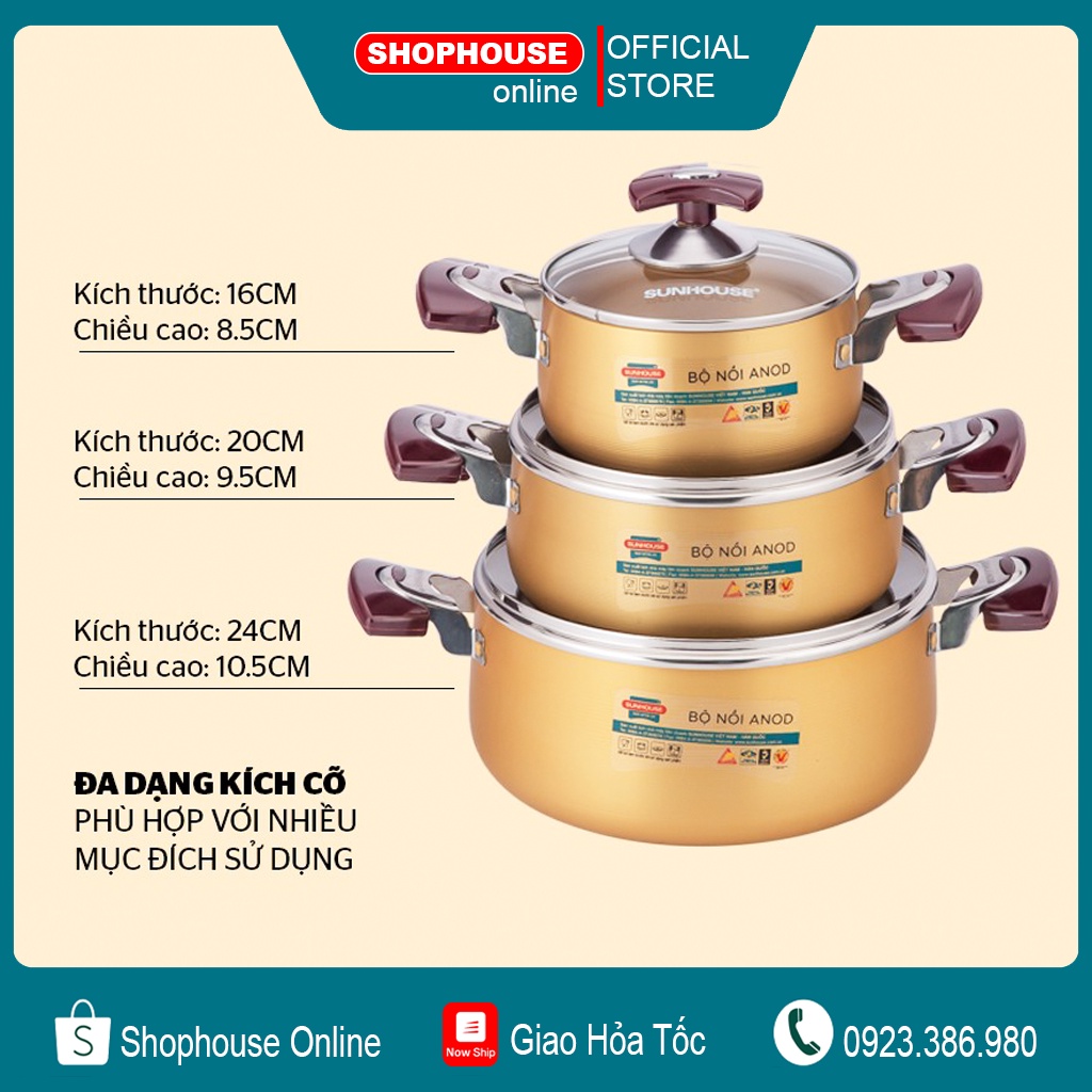 Bộ nồi nhôm Sunhouse SH6634 ( Size 16-20-24 )