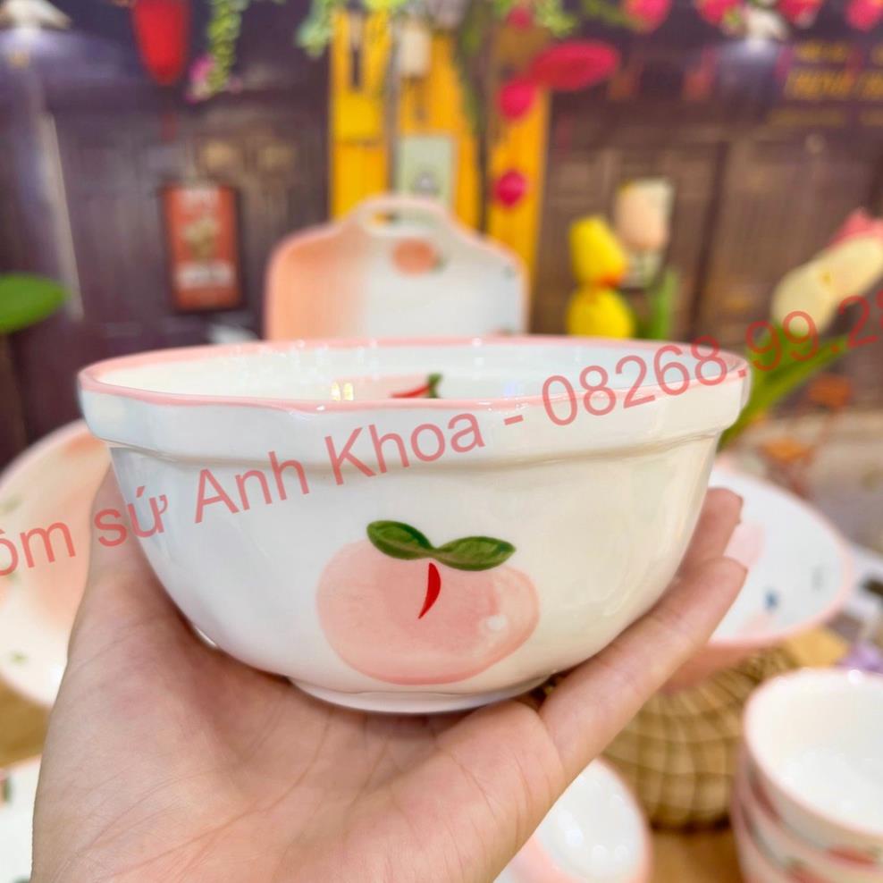 Siêu Sale - Bát Đĩa Gốm Sứ Decor, Bát Ăn Cơm, Bát Ăn Chè, Chén Dĩa Dễ Thương Bộ Đào Hồng 14 Món Xinh Yêu Cho Gia Đình