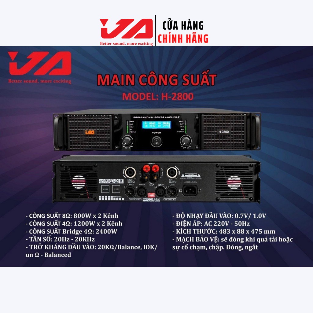 Cục Đẩy Công Suất 2 Kênh JA H-2800 2400W Chính Hãng-Cục Đẩy 2 Kênh Karaoke Gia Đình-Sự Kiện,Tặng 10M Dây Loa-JA Audio